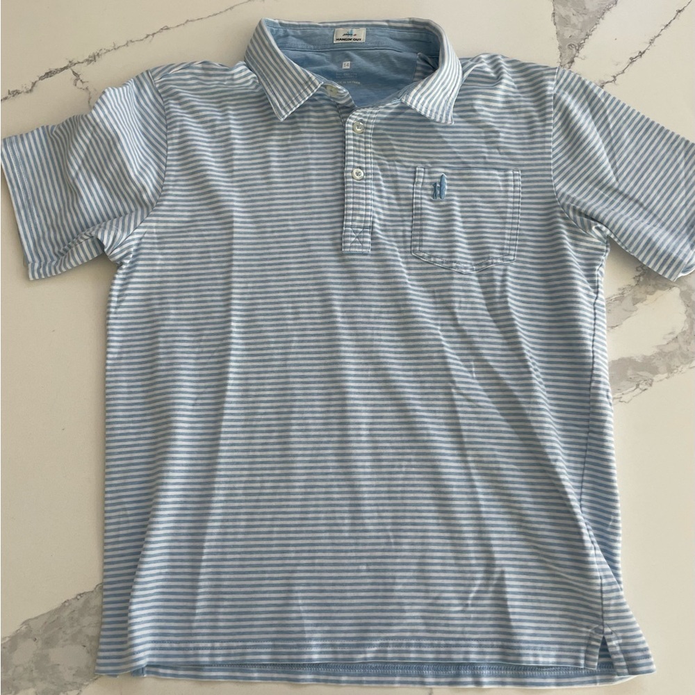 Johnnie-O boys polo shirt. Light blue and white stripe. EUC
